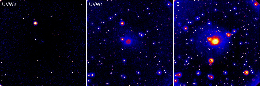 A comparison
  of field images through the UVW2, UVW1 and B filters.