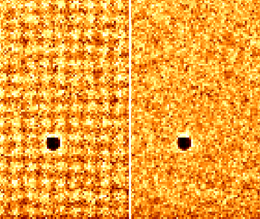 Image of
a featureless laboratory calibration source before (left) and after
(right) removal of the fixed-pattern.